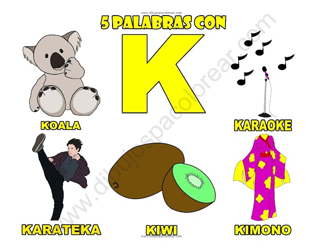 Cinco Palabras con la letra K dibujo a color y para colorear